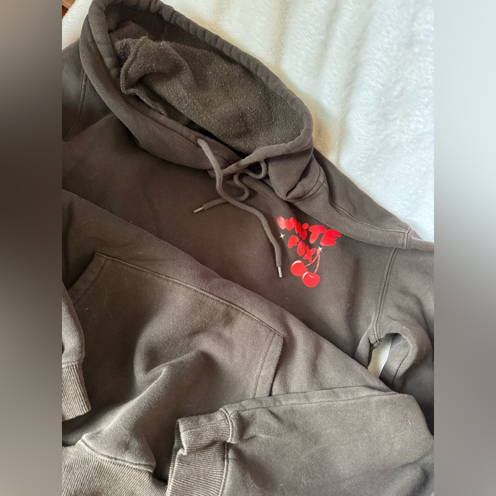 White Fox Boutique Gray Hoodie with Red Cherry Design